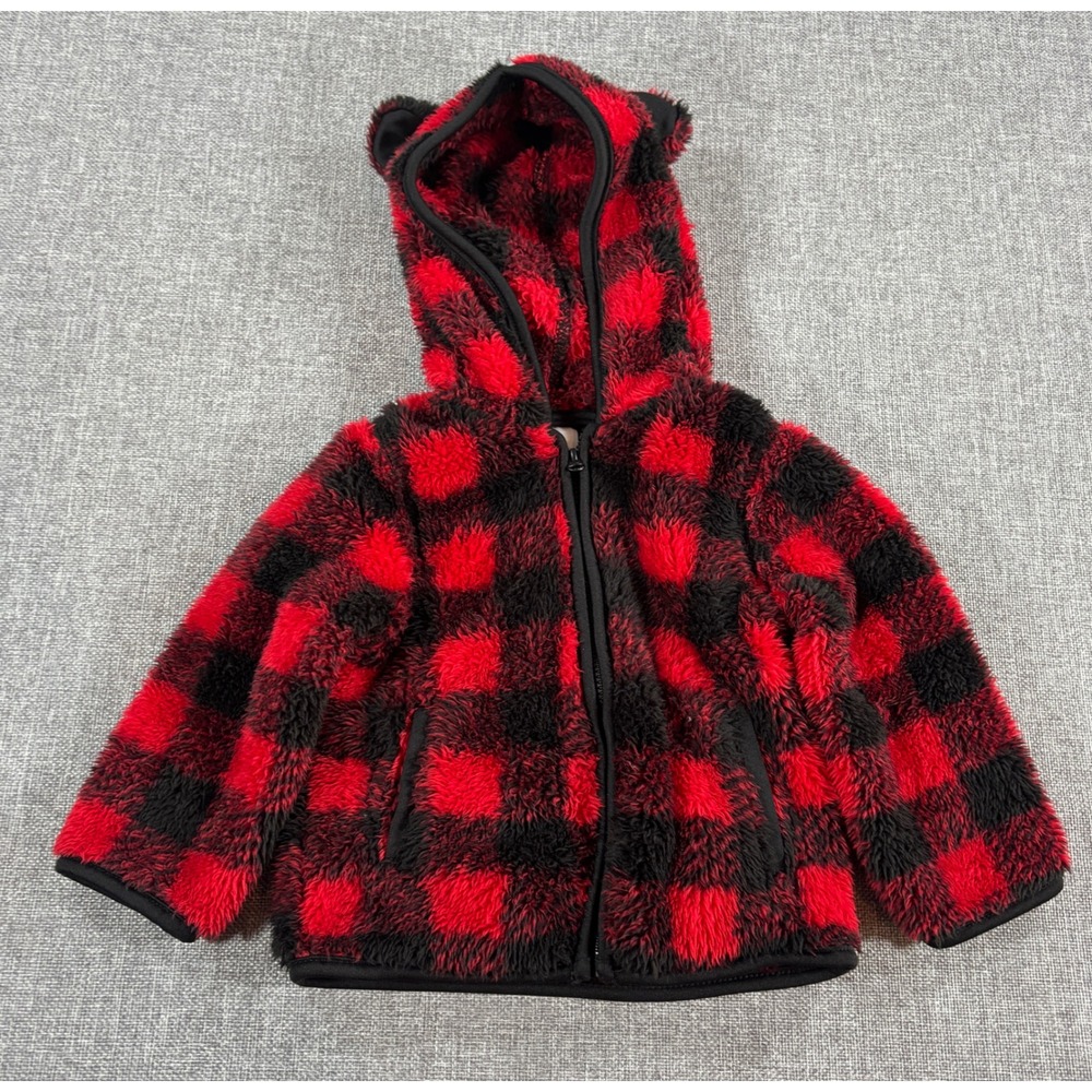 Wonder Nation Baby Buffalo Plaid Sherpa Hoodie 12M Red Black Bear Ears Jacket